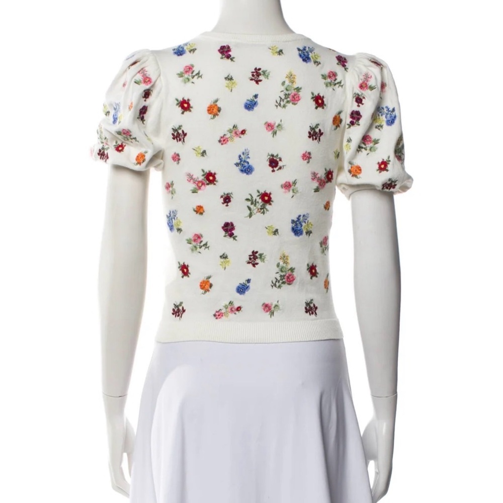 Alice + Olivia White Puff Sleeve Sweater with Multicolor Floral Embroidery